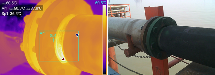 出現(xiàn)異常高溫的管道法蘭處的紅外熱像圖